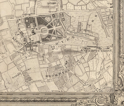Antiguo mapa del oeste y centro de Londres en 1746 por John Rocque - Hamersmith, Kensington, Hyde Park, Knightsbridge, Shepherd's Bush, SW3,SW5, SW7, W2, W6, W10, W12, W14, NW8