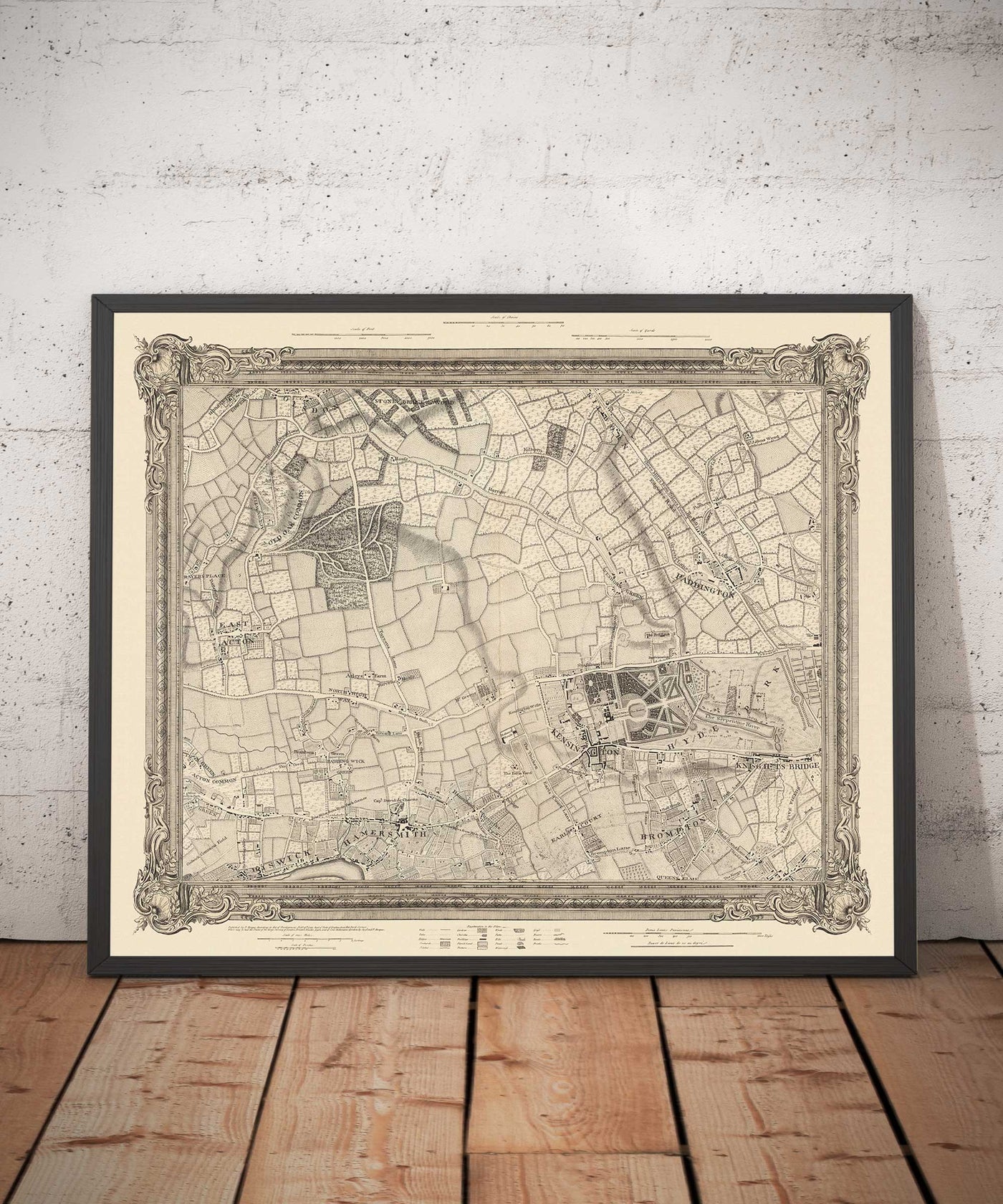 Antiguo mapa del oeste y centro de Londres en 1746 por John Rocque - Hamersmith, Kensington, Hyde Park, Knightsbridge, Shepherd's Bush, SW3,SW5, SW7, W2, W6, W10, W12, W14, NW8