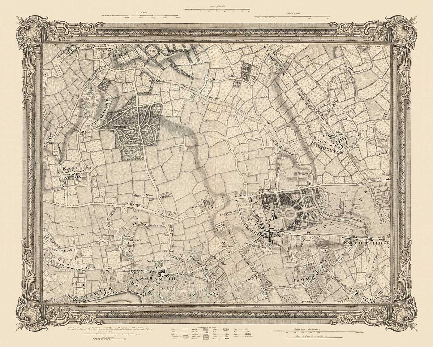 Antiguo mapa del oeste y centro de Londres en 1746 por John Rocque - Hamersmith, Kensington, Hyde Park, Knightsbridge, Shepherd's Bush, SW3,SW5, SW7, W2, W6, W10, W12, W14, NW8