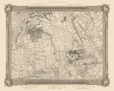 Antiguo mapa del oeste y centro de Londres en 1746 por John Rocque - Hamersmith, Kensington, Hyde Park, Knightsbridge, Shepherd's Bush, SW3,SW5, SW7, W2, W6, W10, W12, W14, NW8