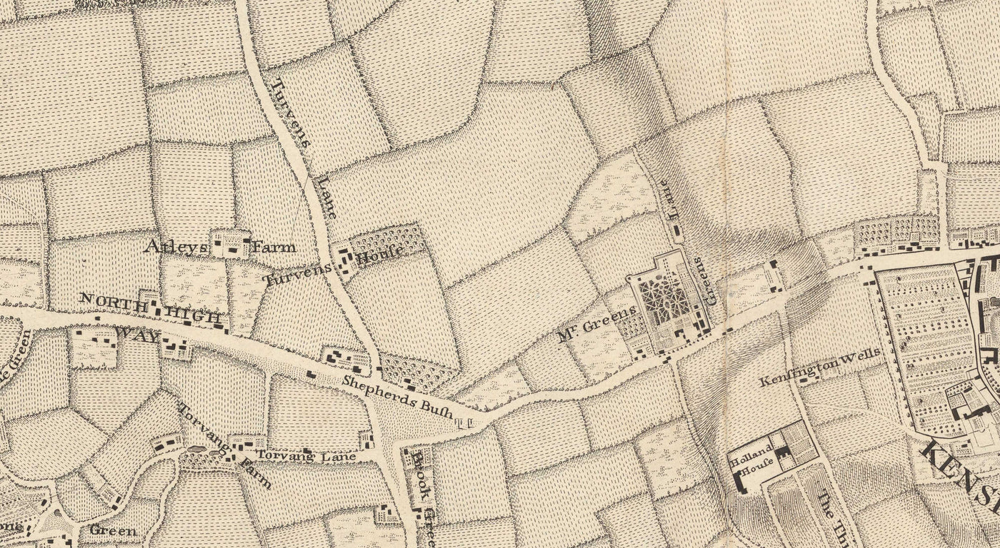 Antiguo mapa del oeste y centro de Londres en 1746 por John Rocque - Hamersmith, Kensington, Hyde Park, Knightsbridge, Shepherd's Bush, SW3,SW5, SW7, W2, W6, W10, W12, W14, NW8