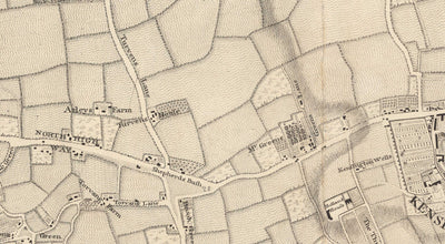 Antiguo mapa del oeste y centro de Londres en 1746 por John Rocque - Hamersmith, Kensington, Hyde Park, Knightsbridge, Shepherd's Bush, SW3,SW5, SW7, W2, W6, W10, W12, W14, NW8