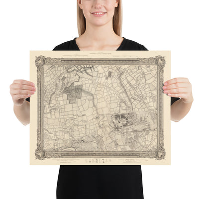Antiguo mapa del oeste y centro de Londres en 1746 por John Rocque - Hamersmith, Kensington, Hyde Park, Knightsbridge, Shepherd's Bush, SW3,SW5, SW7, W2, W6, W10, W12, W14, NW8