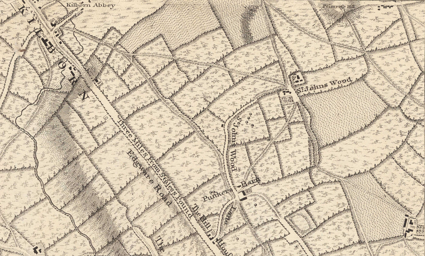 Antiguo mapa del oeste y centro de Londres en 1746 por John Rocque - Hamersmith, Kensington, Hyde Park, Knightsbridge, Shepherd's Bush, SW3,SW5, SW7, W2, W6, W10, W12, W14, NW8
