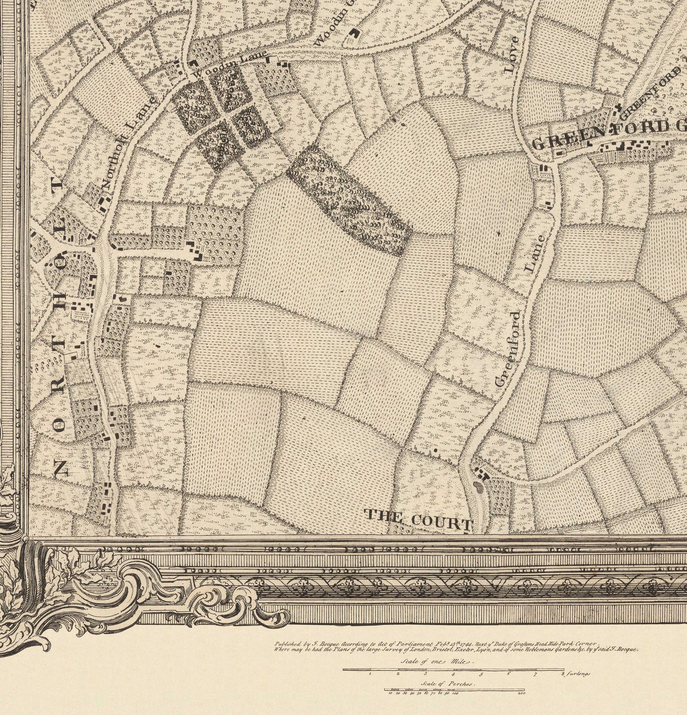Old Map of North West London in 1746 by John Rocque - Wembley, Preston, Alperton, Northolt, Roxeth Green, W3, W5, W7,W13, NW10
