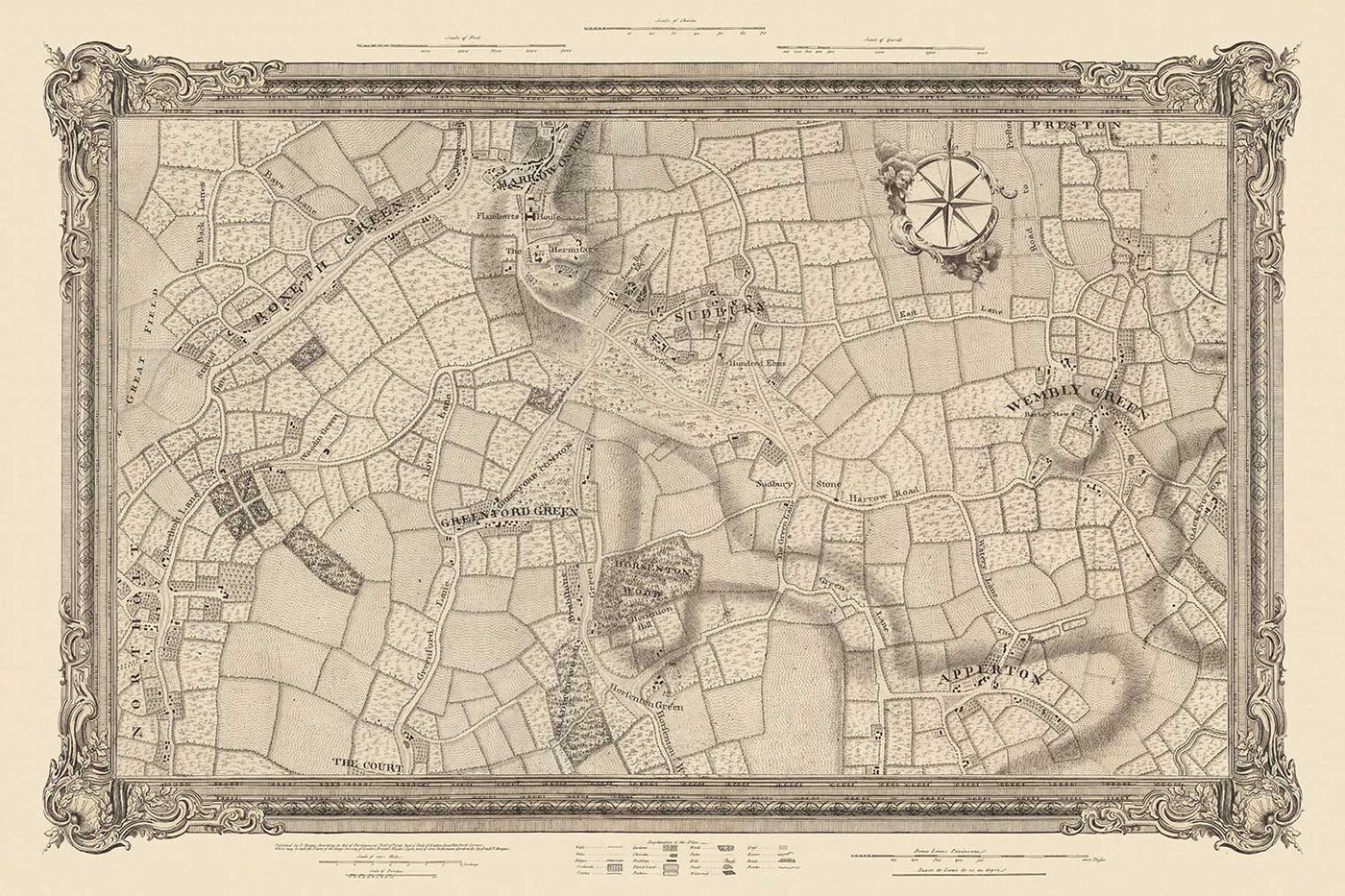 Old Map of North West London in 1746 by John Rocque - Wembley, Preston, Alperton, Northolt, Roxeth Green, W3, W5, W7,W13, NW10