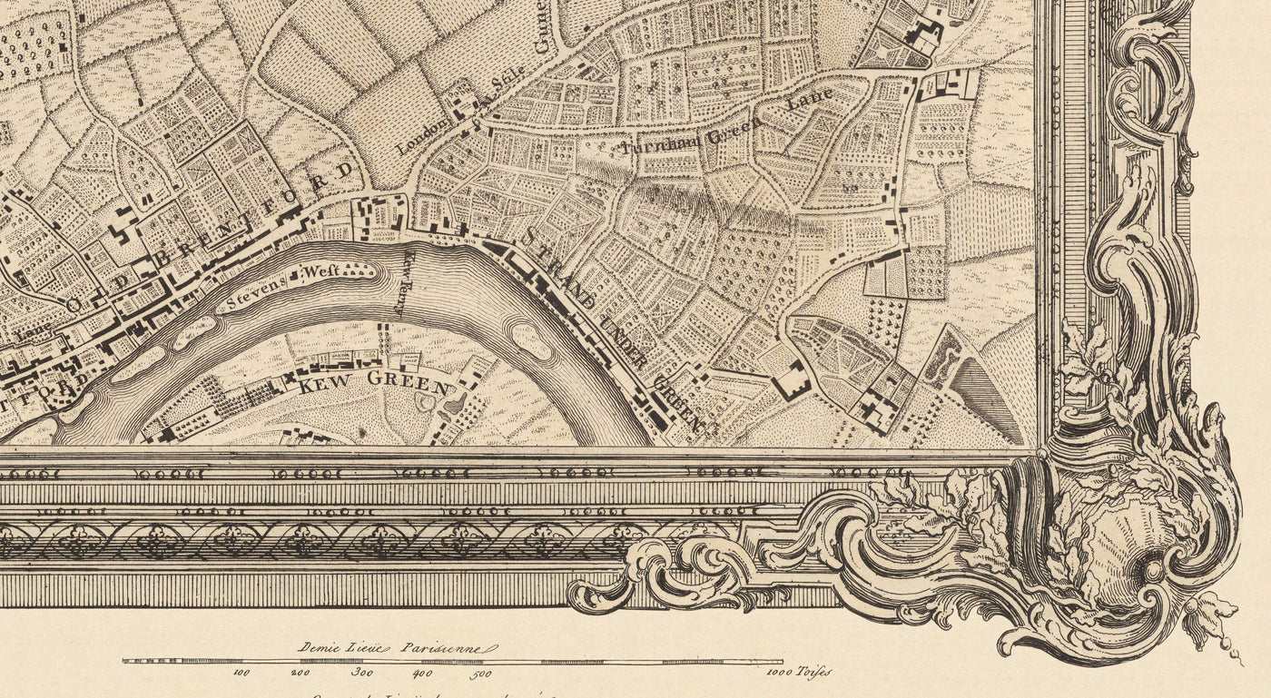 Alte Karte von West-London im Jahr 1746 von John Rocque - Brentford, Ealing, Acton, Hanwell, Chiswick, W3, W4, W5, W7, W13 