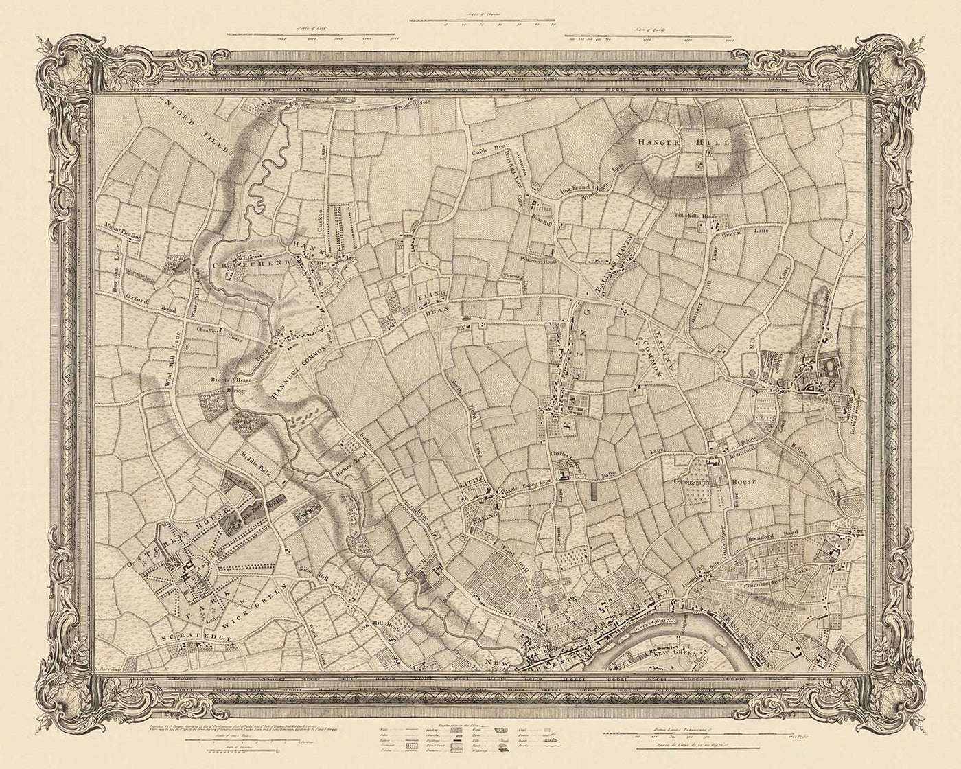 Alte Karte von West-London im Jahr 1746 von John Rocque - Brentford, Ealing, Acton, Hanwell, Chiswick, W3, W4, W5, W7, W13 