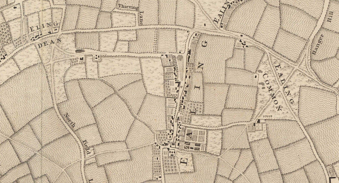 Alte Karte von West-London im Jahr 1746 von John Rocque - Brentford, Ealing, Acton, Hanwell, Chiswick, W3, W4, W5, W7, W13 