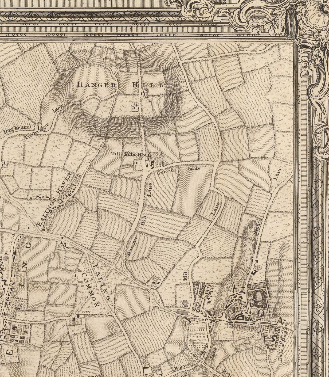 Alte Karte von West-London im Jahr 1746 von John Rocque - Brentford, Ealing, Acton, Hanwell, Chiswick, W3, W4, W5, W7, W13 