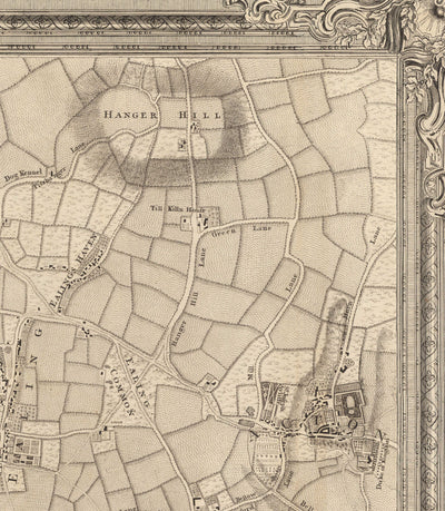 Alte Karte von West-London im Jahr 1746 von John Rocque - Brentford, Ealing, Acton, Hanwell, Chiswick, W3, W4, W5, W7, W13 
