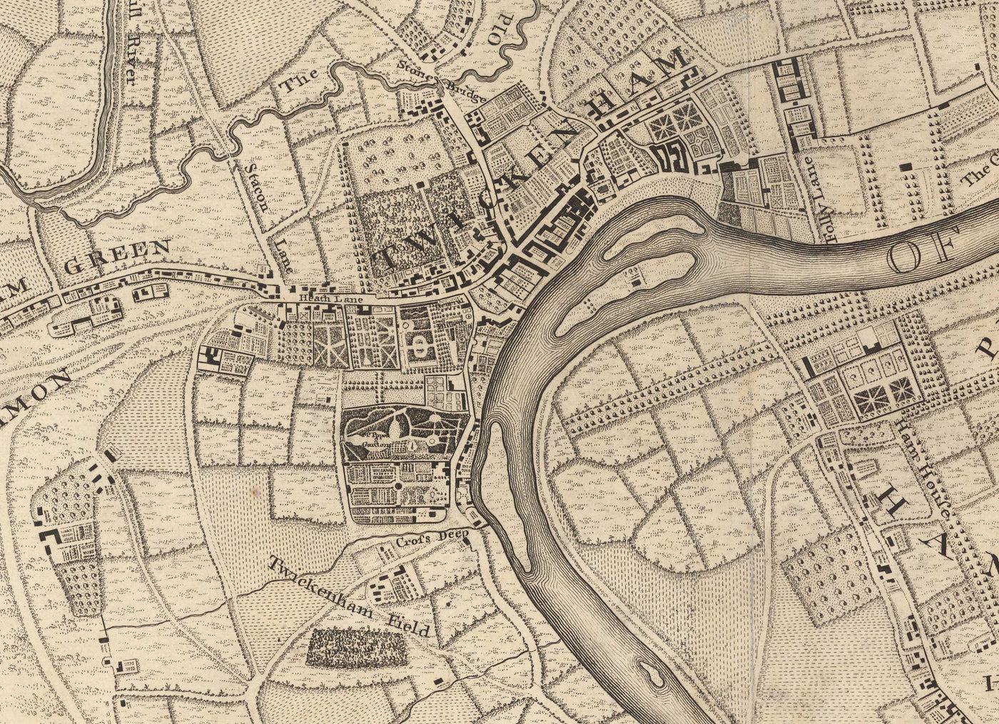 Old Map of South West London in 1746 by John Rocque - Twickenham, Isleworth, Richmond Park, Hounslow, Whitton, SW14, TW1, TW2, TW4