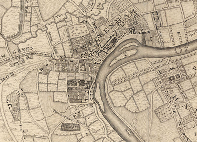 Old Map of South West London in 1746 by John Rocque - Twickenham, Isleworth, Richmond Park, Hounslow, Whitton, SW14, TW1, TW2, TW4