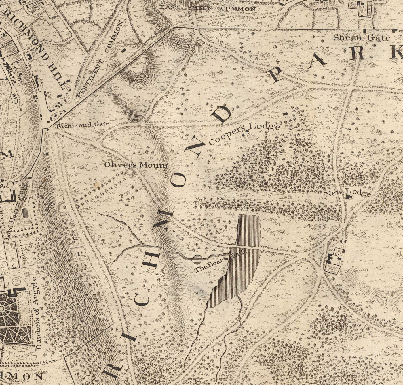 Old Map of South West London in 1746 by John Rocque - Twickenham, Isleworth, Richmond Park, Hounslow, Whitton, SW14, TW1, TW2, TW4