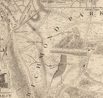 Old Map of South West London in 1746 by John Rocque - Twickenham, Isleworth, Richmond Park, Hounslow, Whitton, SW14, TW1, TW2, TW4