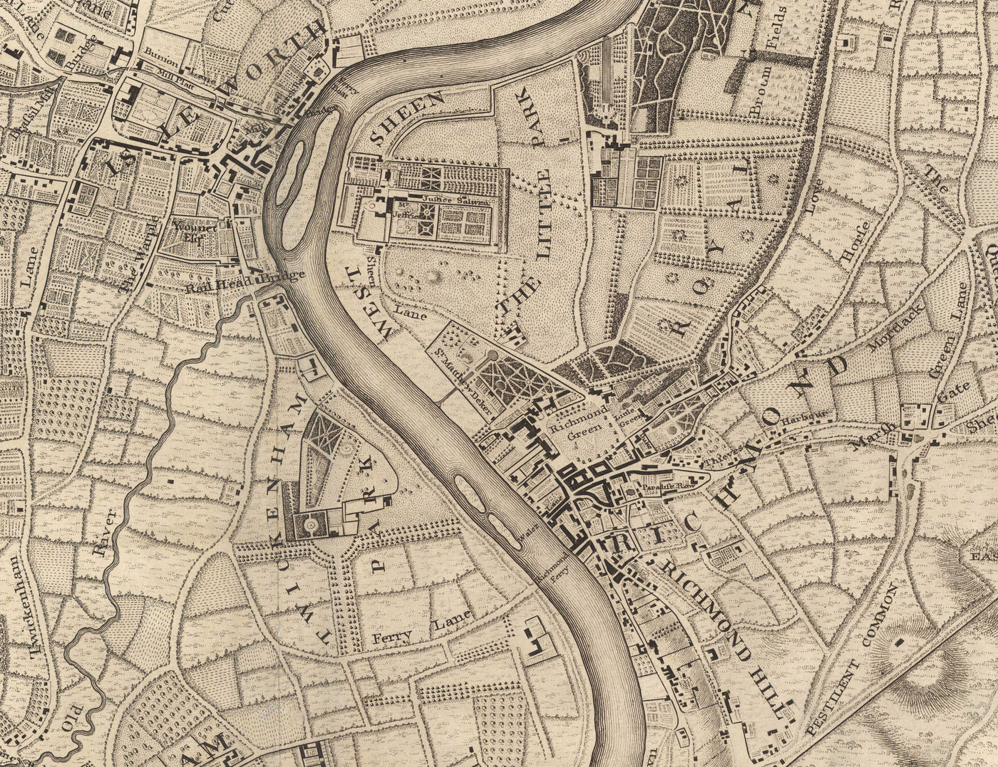 Old Map of South West London in 1746 by John Rocque - Twickenham, Isleworth, Richmond Park, Hounslow, Whitton, SW14, TW1, TW2, TW4
