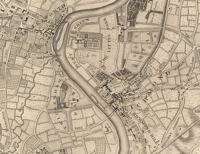 Old Map of South West London in 1746 by John Rocque - Twickenham, Isleworth, Richmond Park, Hounslow, Whitton, SW14, TW1, TW2, TW4