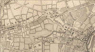 Old Map of South West London in 1746 by John Rocque - Twickenham, Isleworth, Richmond Park, Hounslow, Whitton, SW14, TW1, TW2, TW4