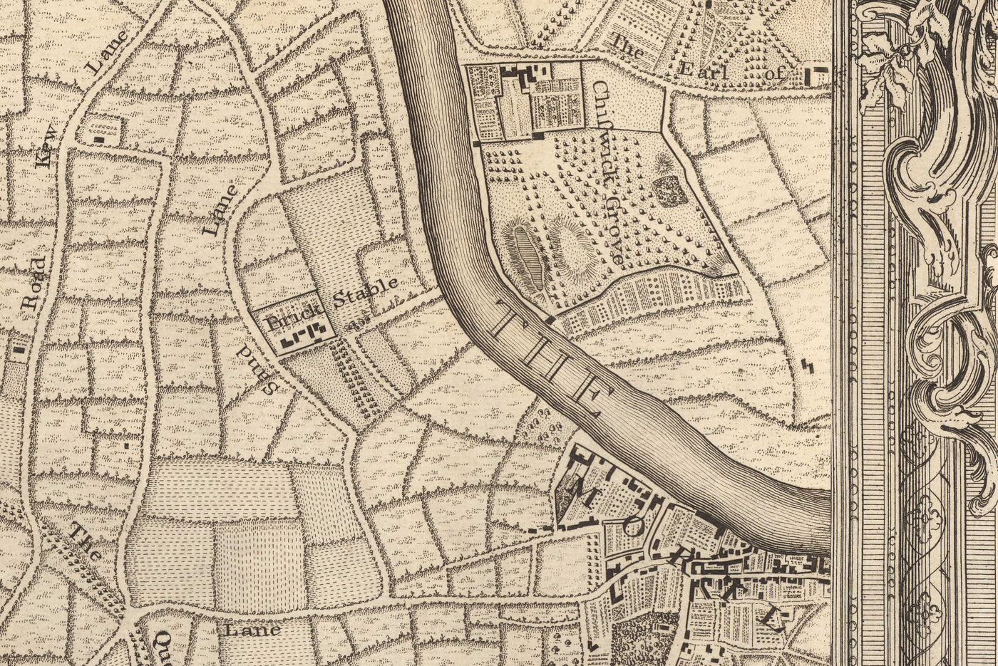 Old Map of South West London in 1746 by John Rocque - Twickenham, Isleworth, Richmond Park, Hounslow, Whitton, SW14, TW1, TW2, TW4