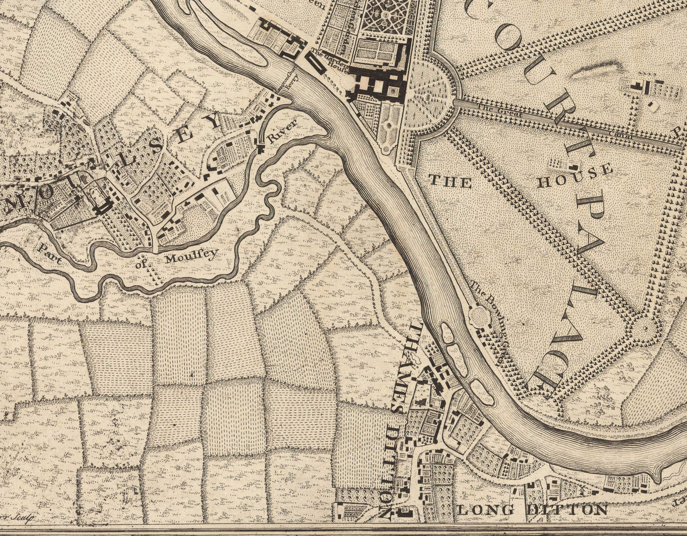 Old Map of South West London in 1746 by John Rocque - Kingston, Hampton Court, Teddington, Surbiton, Thames