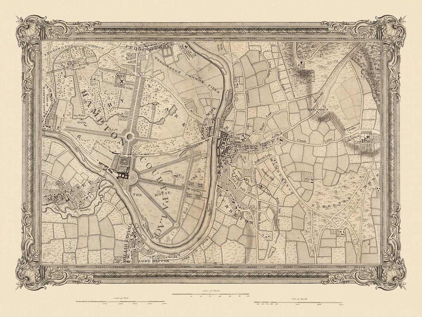 Old Map of South West London in 1746 by John Rocque - Kingston, Hampton Court, Teddington, Surbiton, Thames