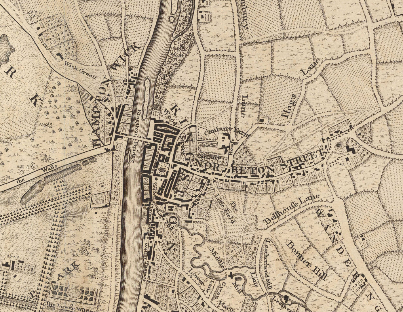 Old Map of South West London in 1746 by John Rocque - Kingston, Hampton Court, Teddington, Surbiton, Thames
