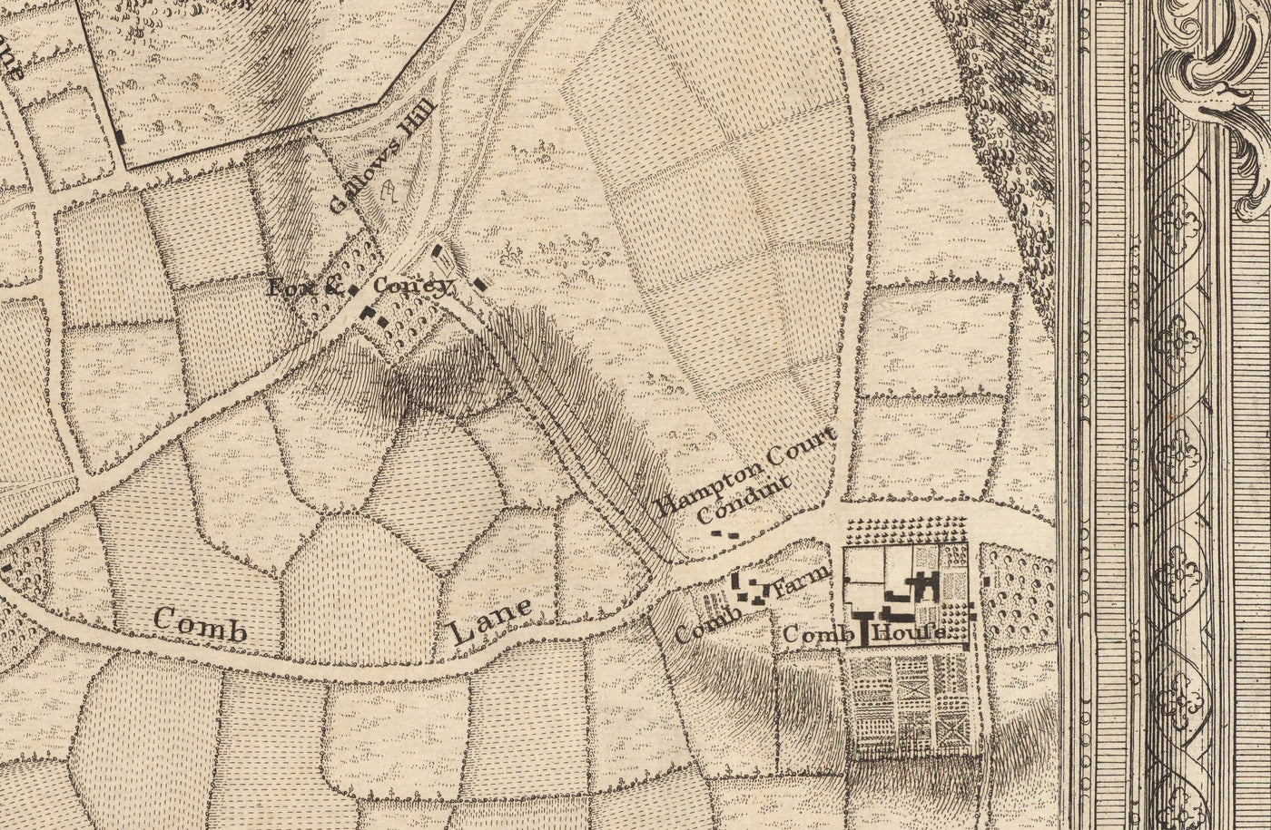 Old Map of South West London in 1746 by John Rocque - Kingston, Hampton Court, Teddington, Surbiton, Thames