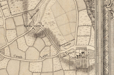 Old Map of South West London in 1746 by John Rocque - Kingston, Hampton Court, Teddington, Surbiton, Thames