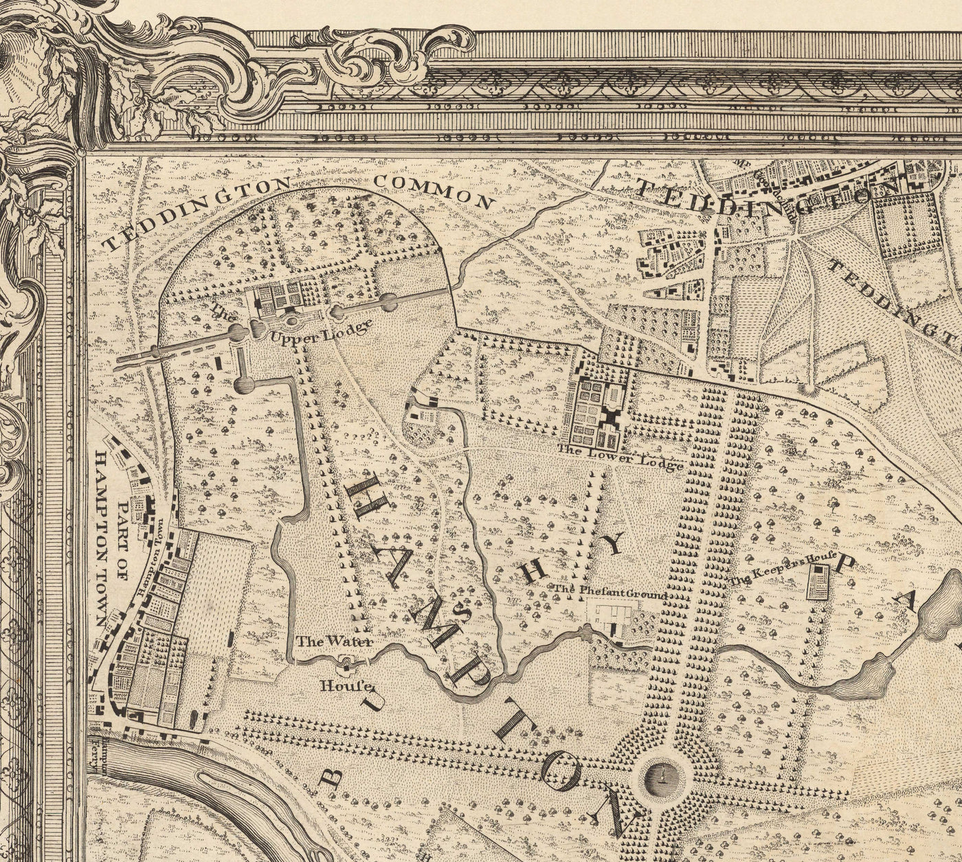 Old Map of South West London in 1746 by John Rocque - Kingston, Hampton Court, Teddington, Surbiton, Thames