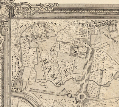 Old Map of South West London in 1746 by John Rocque - Kingston, Hampton Court, Teddington, Surbiton, Thames