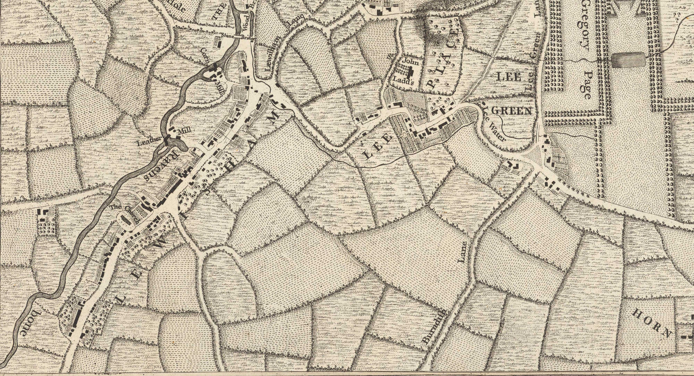 Ancienne carte du sud-est de Londres en 1746 par John Rocque - Lewisham, Woolwich, Greenwich, Eltham, Deptford, SE8, SE14, SE10, SE7, SE3, SE4, SE13