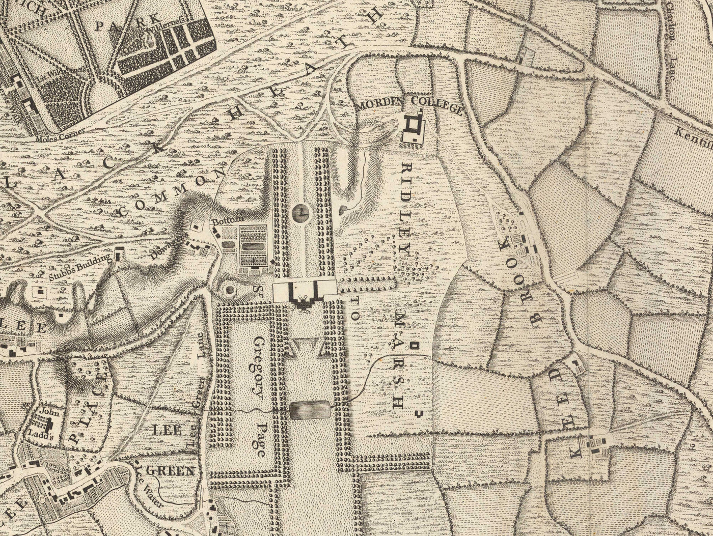 Ancienne carte du sud-est de Londres en 1746 par John Rocque - Lewisham, Woolwich, Greenwich, Eltham, Deptford, SE8, SE14, SE10, SE7, SE3, SE4, SE13
