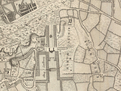 Ancienne carte du sud-est de Londres en 1746 par John Rocque - Lewisham, Woolwich, Greenwich, Eltham, Deptford, SE8, SE14, SE10, SE7, SE3, SE4, SE13