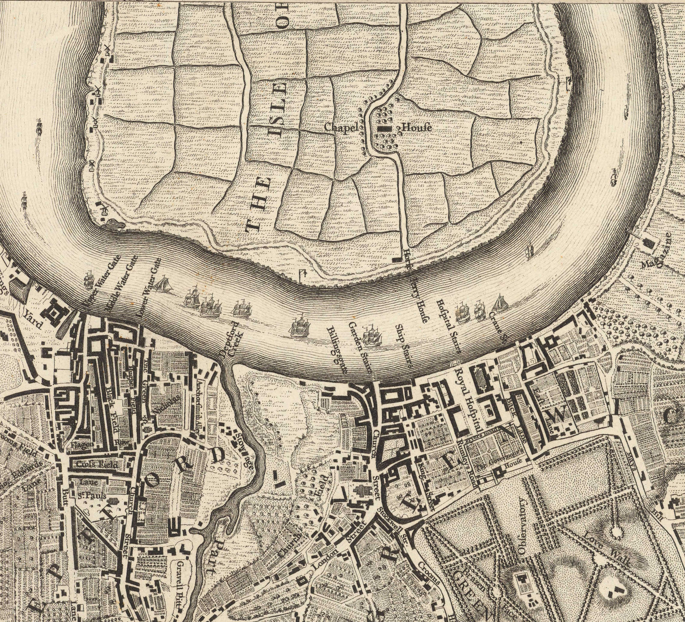 Ancienne carte du sud-est de Londres en 1746 par John Rocque - Lewisham, Woolwich, Greenwich, Eltham, Deptford, SE8, SE14, SE10, SE7, SE3, SE4, SE13