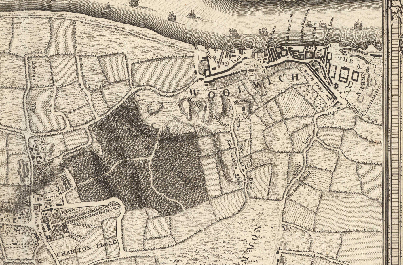 Ancienne carte du sud-est de Londres en 1746 par John Rocque - Lewisham, Woolwich, Greenwich, Eltham, Deptford, SE8, SE14, SE10, SE7, SE3, SE4, SE13
