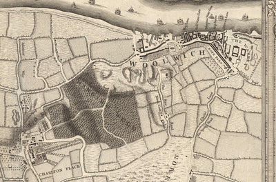 Ancienne carte du sud-est de Londres en 1746 par John Rocque - Lewisham, Woolwich, Greenwich, Eltham, Deptford, SE8, SE14, SE10, SE7, SE3, SE4, SE13
