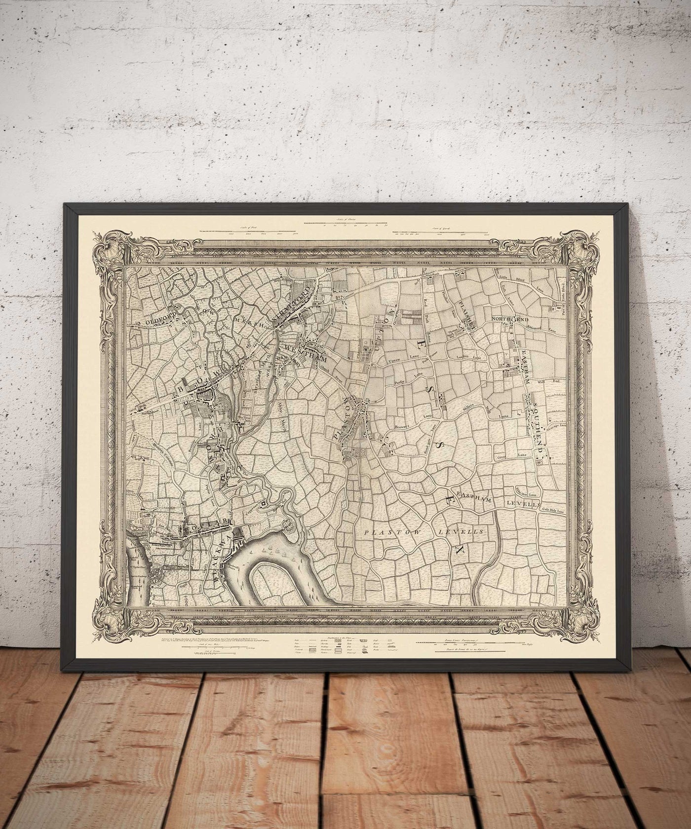 Old Map of East London in 1746 by John Rocque - Stratford, Eastham, Upton Park, Canary Wharf, Plaistow, E3, E6, E13, E14, E15, E16