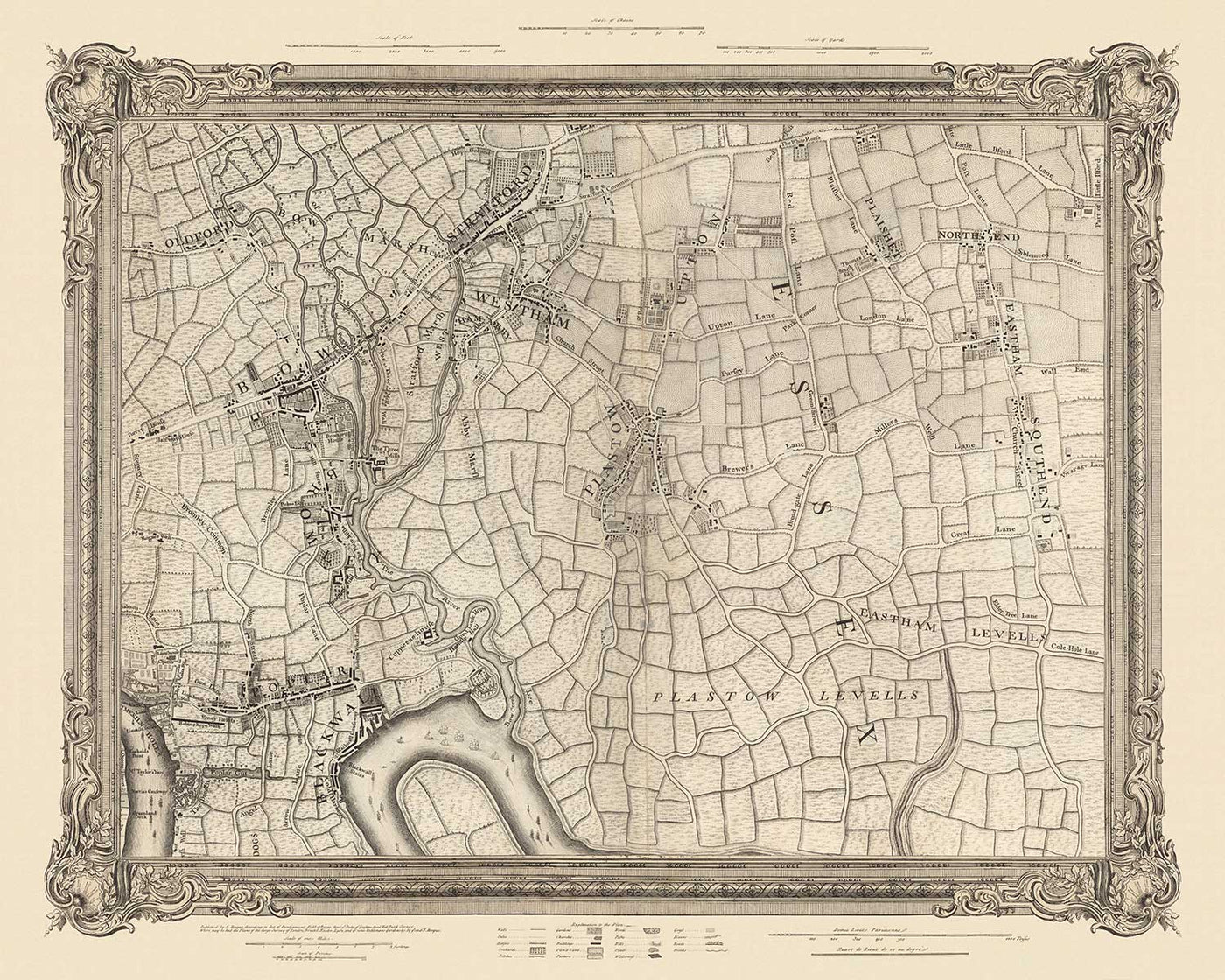 Old Map of East London in 1746 by John Rocque - Stratford, Eastham, Upton Park, Canary Wharf, Plaistow, E3, E6, E13, E14, E15, E16