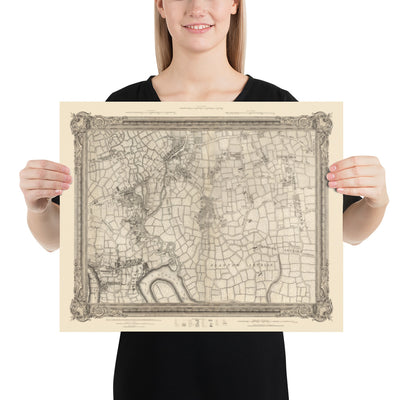 Old Map of East London in 1746 by John Rocque - Stratford, Eastham, Upton Park, Canary Wharf, Plaistow, E3, E6, E13, E14, E15, E16