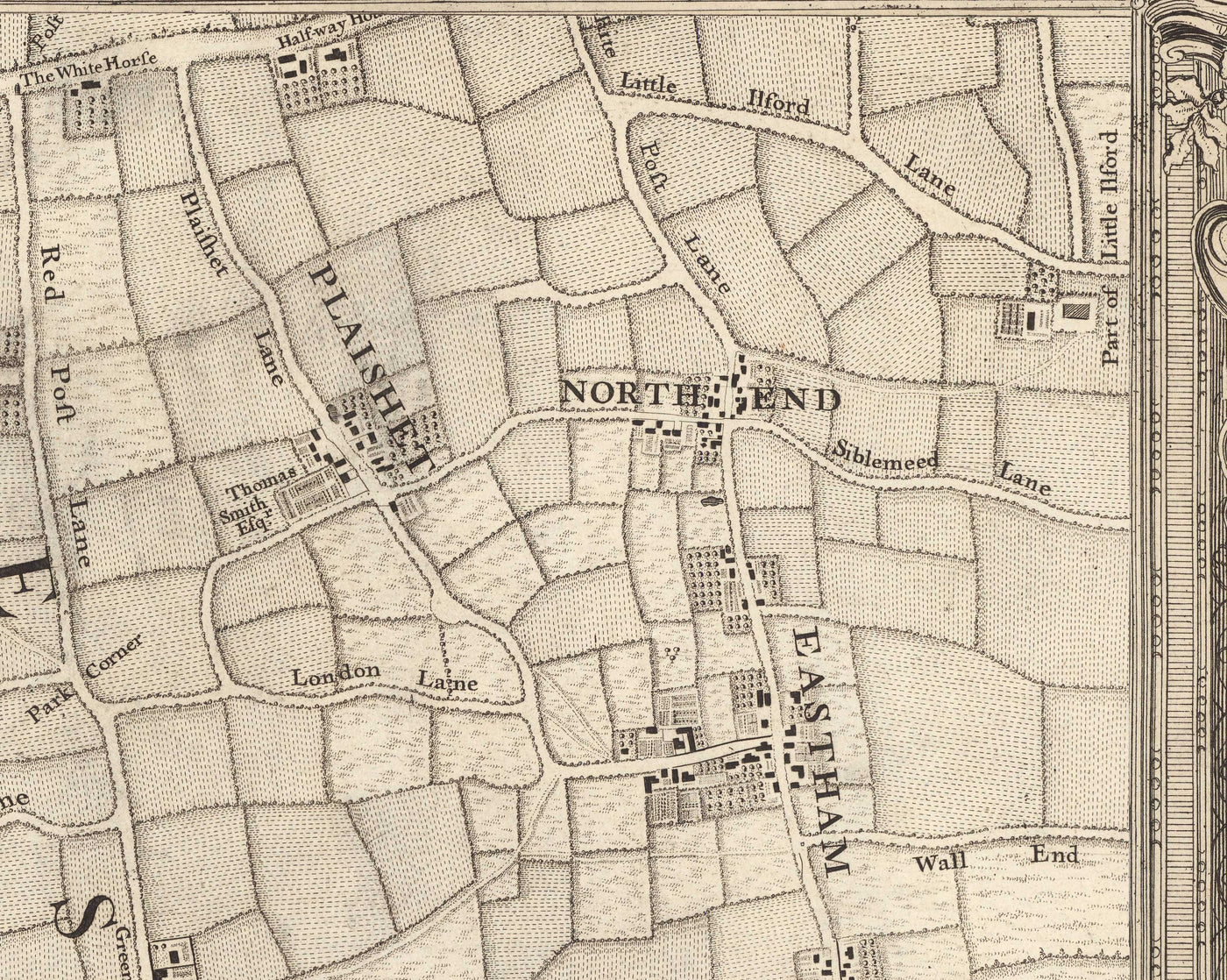 Old Map of East London in 1746 by John Rocque - Stratford, Eastham, Upton Park, Canary Wharf, Plaistow, E3, E6, E13, E14, E15, E16