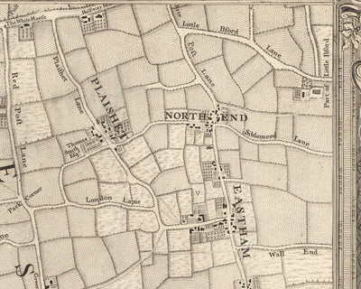 Old Map of East London in 1746 by John Rocque - Stratford, Eastham, Upton Park, Canary Wharf, Plaistow, E3, E6, E13, E14, E15, E16