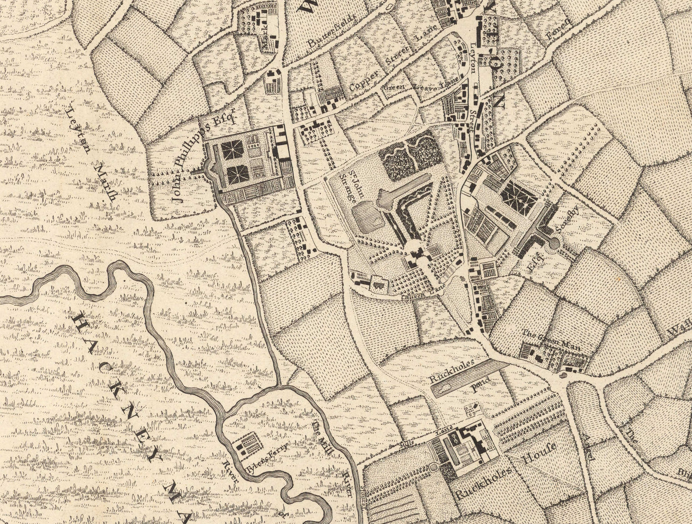 Ancienne carte du nord-est de Londres en 1746 par John Rocque - Wanstead, Walthamstow, Leyton, Aldersbrook, Woodford, E7, E9, E10, E11, E12, E15