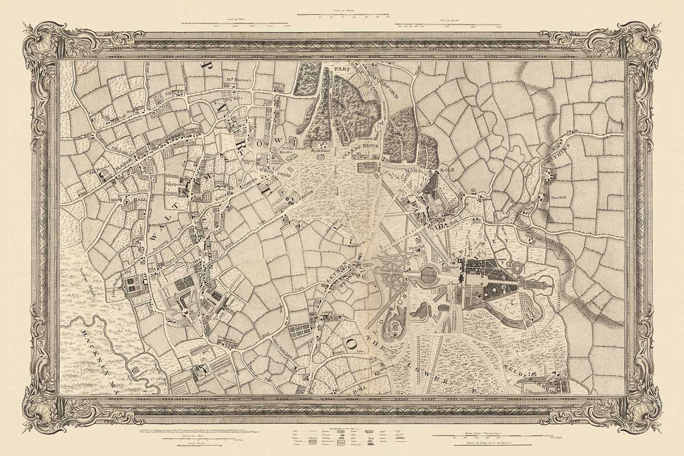Ancienne carte du nord-est de Londres en 1746 par John Rocque - Wanstead, Walthamstow, Leyton, Aldersbrook, Woodford, E7, E9, E10, E11, E12, E15