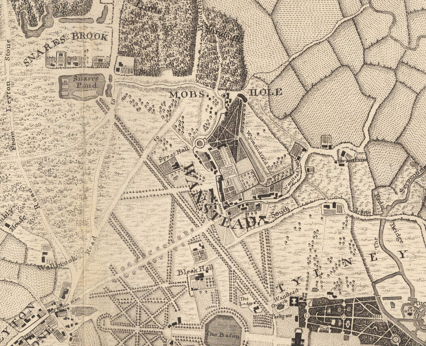 Ancienne carte du nord-est de Londres en 1746 par John Rocque - Wanstead, Walthamstow, Leyton, Aldersbrook, Woodford, E7, E9, E10, E11, E12, E15