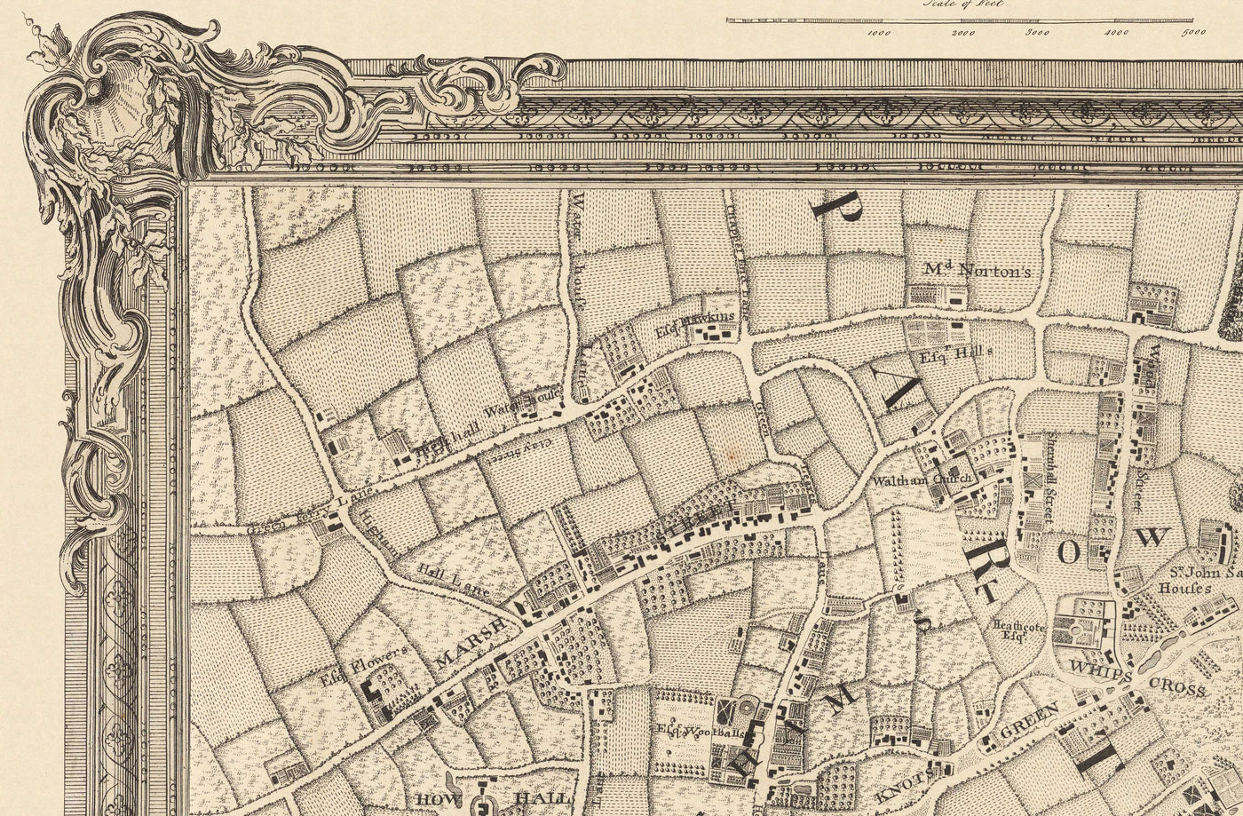 Ancienne carte du nord-est de Londres en 1746 par John Rocque - Wanstead, Walthamstow, Leyton, Aldersbrook, Woodford, E7, E9, E10, E11, E12, E15