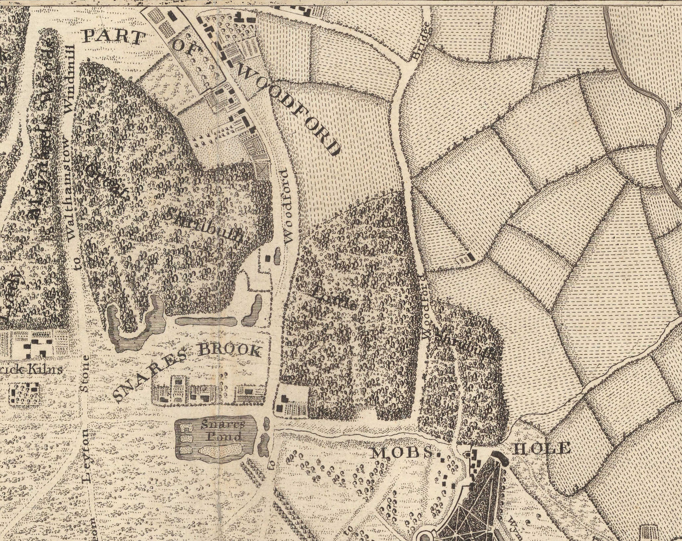 Ancienne carte du nord-est de Londres en 1746 par John Rocque - Wanstead, Walthamstow, Leyton, Aldersbrook, Woodford, E7, E9, E10, E11, E12, E15