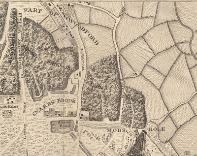 Ancienne carte du nord-est de Londres en 1746 par John Rocque - Wanstead, Walthamstow, Leyton, Aldersbrook, Woodford, E7, E9, E10, E11, E12, E15