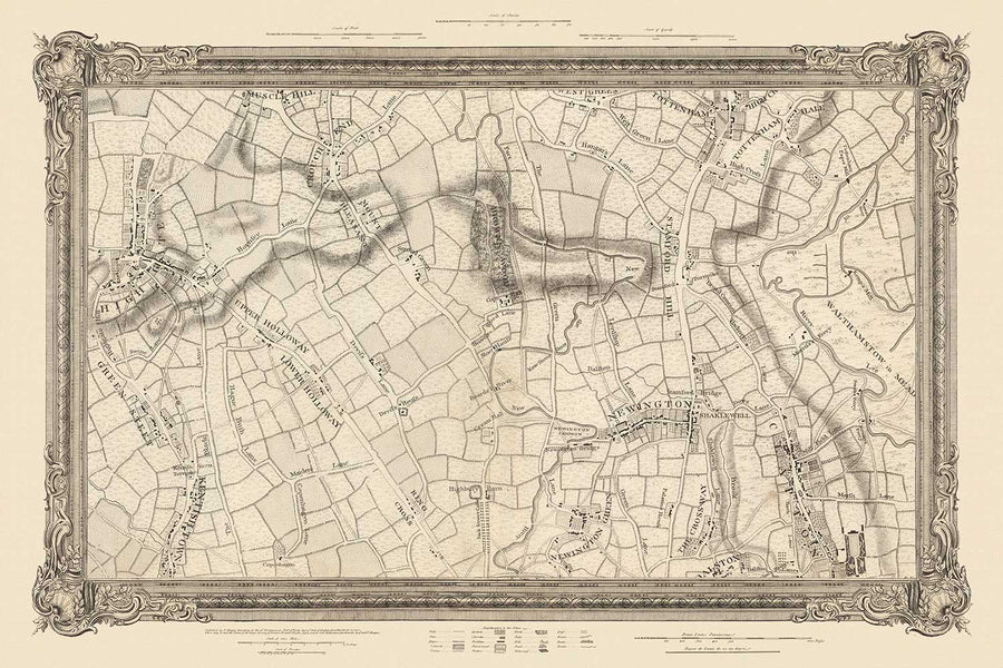 Ancienne carte du nord de Londres en 1746 par John Rocque - Highgate, Clapton, Stoke Newington, Tottenham, NW5, NW1, N1, N7, N5, N16, N4, N9, N6, E5, E8, E9