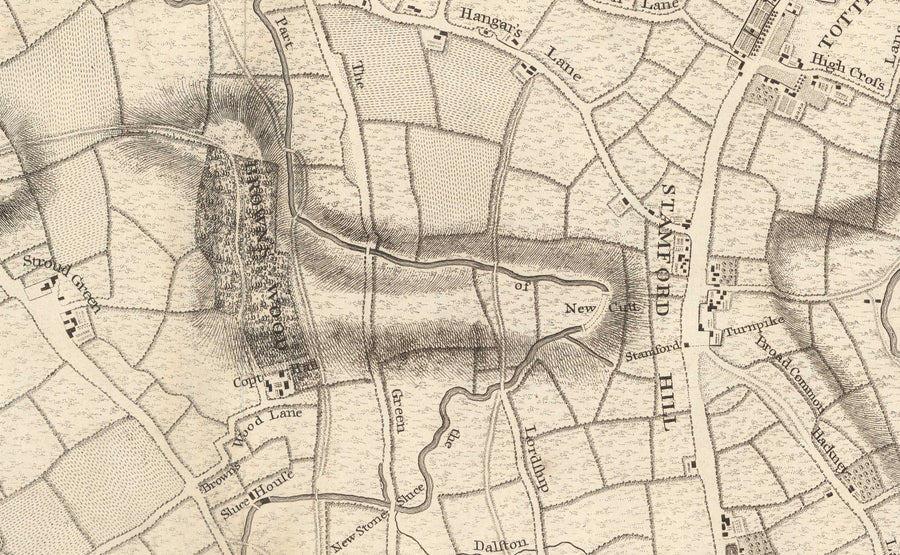 Ancienne carte du nord de Londres en 1746 par John Rocque - Highgate, Clapton, Stoke Newington, Tottenham, NW5, NW1, N1, N7, N5, N16, N4, N9, N6, E5, E8, E9
