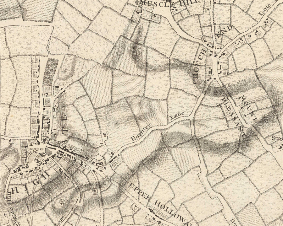 Ancienne carte du nord de Londres en 1746 par John Rocque - Highgate, Clapton, Stoke Newington, Tottenham, NW5, NW1, N1, N7, N5, N16, N4, N9, N6, E5, E8, E9